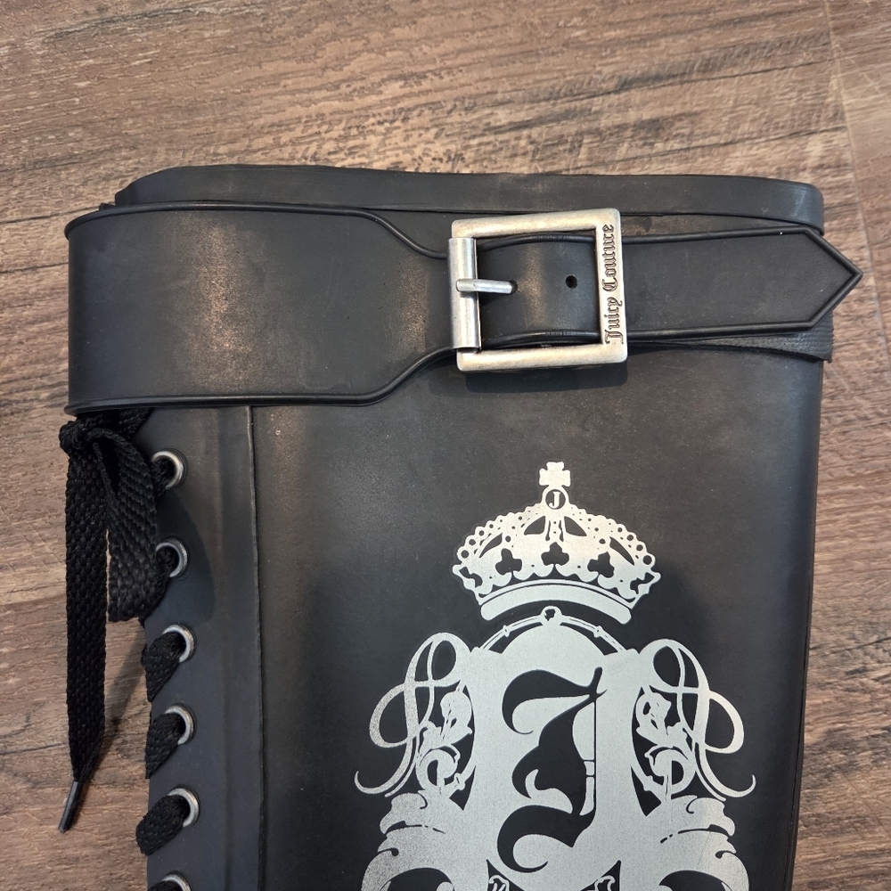 Juicy Couture Black Rain Boots Lace Up Buckle Logo Crown US 8 - Picture 8 of 15